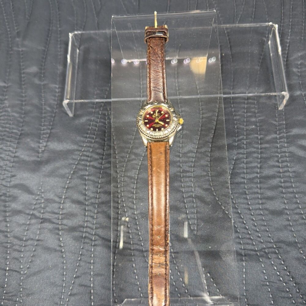 Vintage Nike Air Quartz Watch Red Dial Brown Leather Band 300M USA